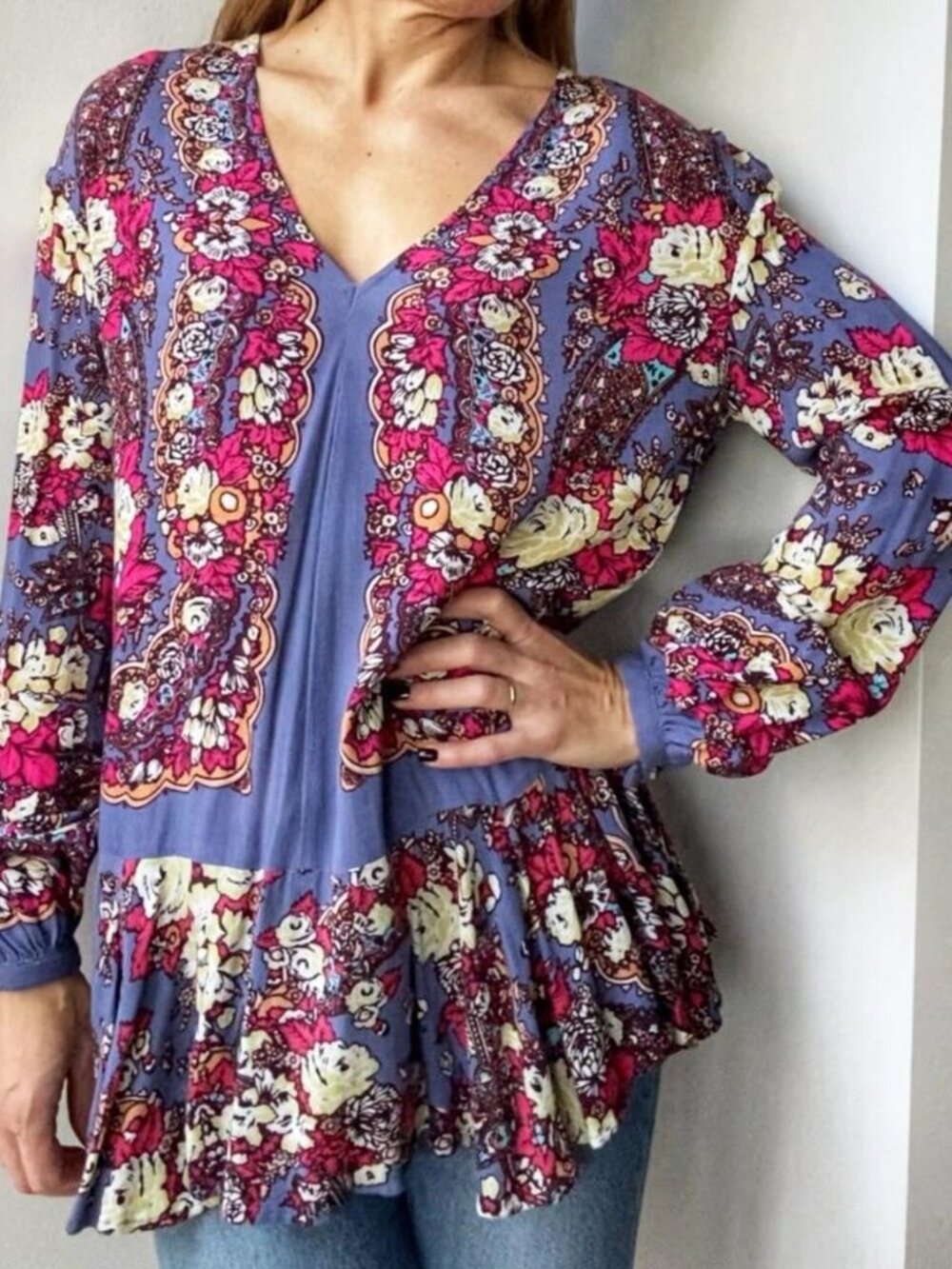 Free People Long Sleeve Tunic Floral Peplum Top- Size XS
